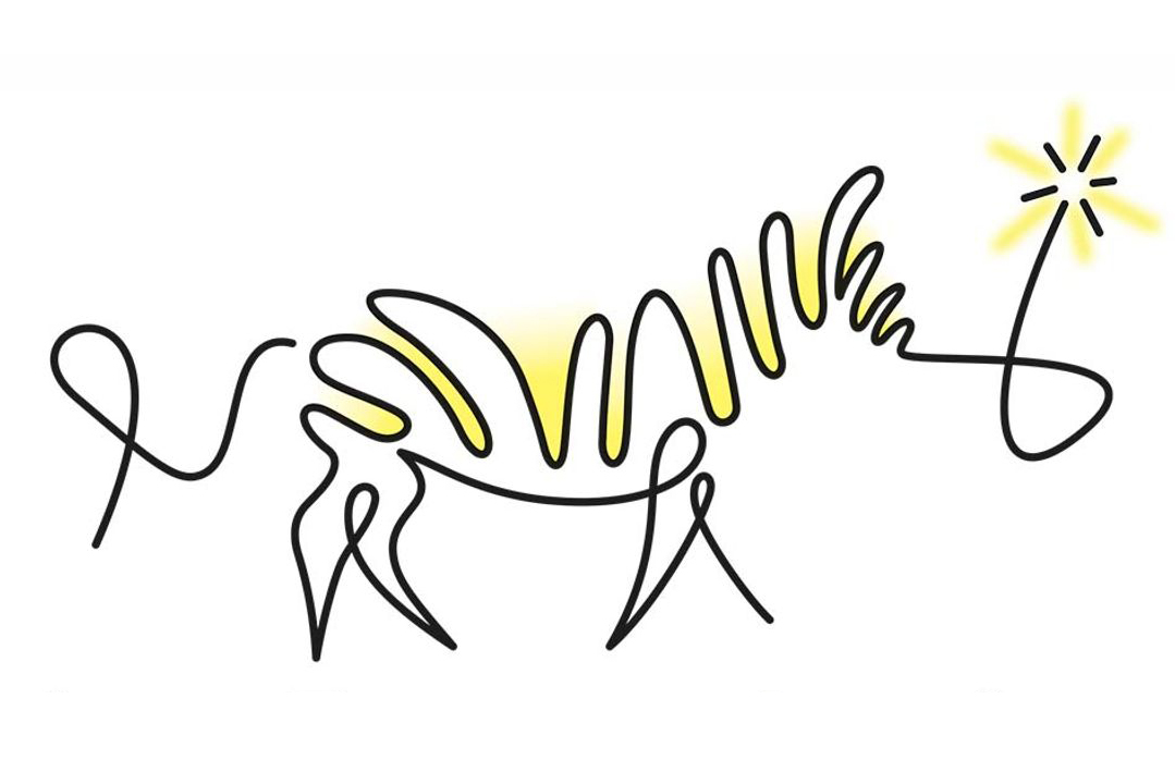 Dans un rectangle blanc, un trait noir curviligne forme une écriture qui dessine un zèbre. Dans le creux des courbes se glisse la couleur jaune. Une fleur se dessine dans le prolongement de la tête du zèbre, côté droit, composée alternativement de pétales jaunes et noirs.