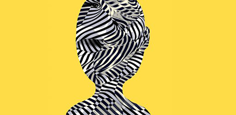 Sur fond jaune la silhouette d'un visage stylisé par un patchwork de lignes brisées noires et blanches.